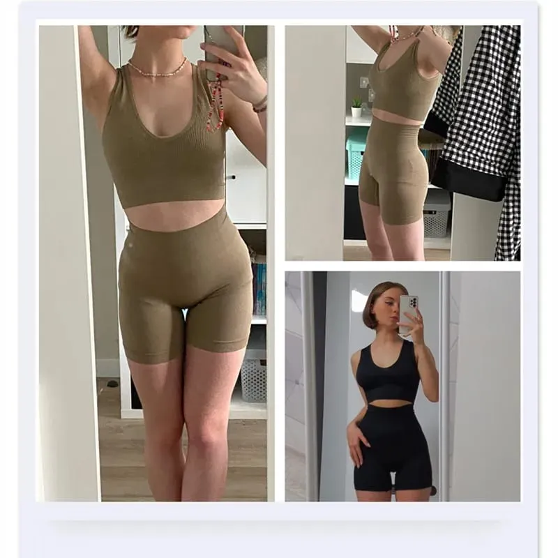 Vrouwen Sport Geribbelde Bh Set Naadloze Ondergoed Set Hoge Taille Fitness Shorts Vrouwelijke Sexy Lingerie Bralette Diepe V Top Sportwear