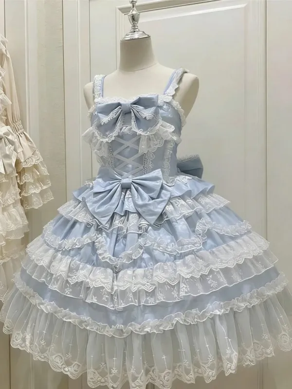 Lolita Kawaii Y2k Long Sleeve Strap Dress Japanese Knee-Length Women Elegant Lace Bow Patchwork Ball Gown Sweet All Season