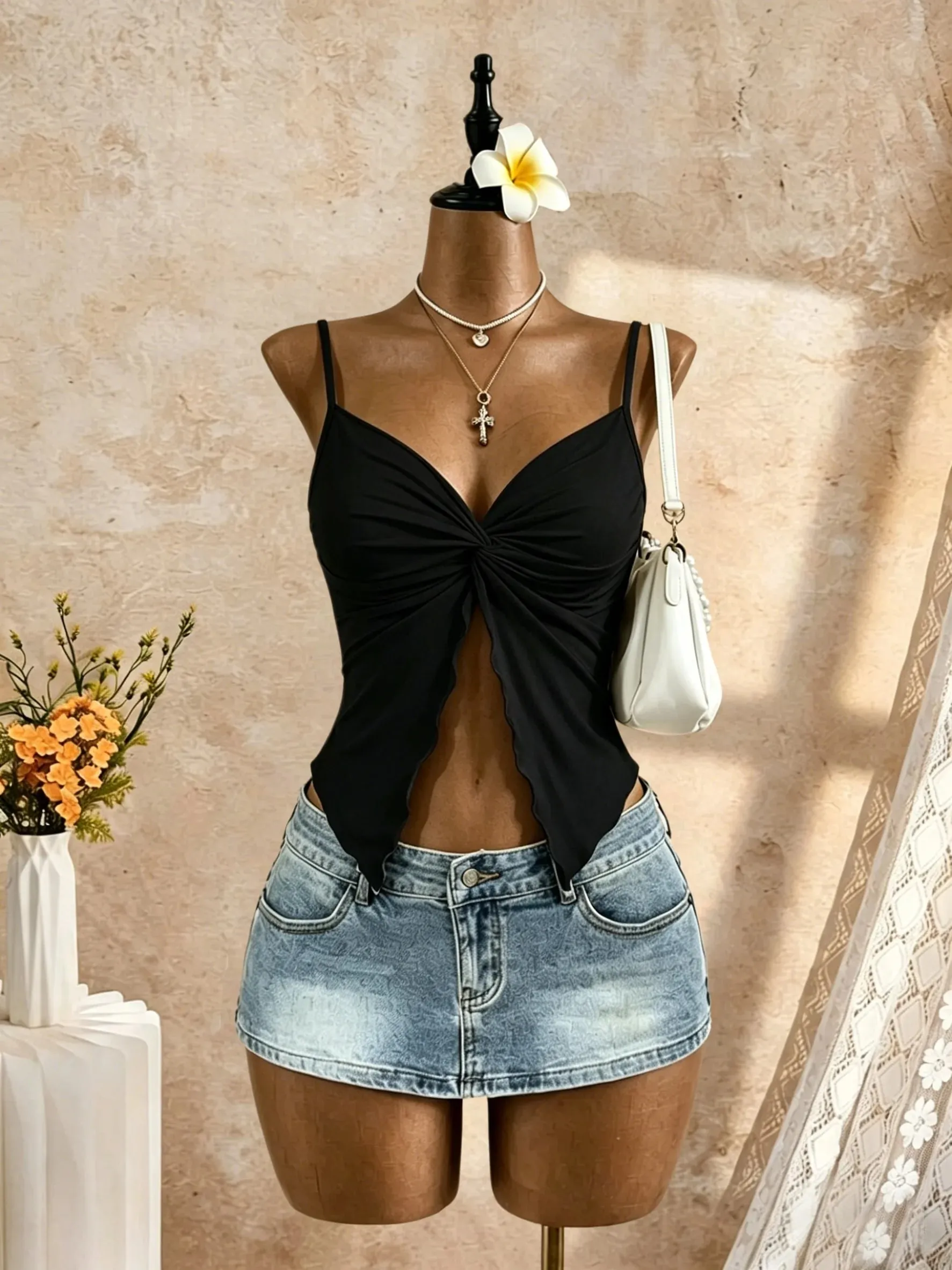 Women Spaghetti Strap V Neck Twist Front Cut Out Ruffle Irregular Hem Slim Fit Crop Cami Top 2026 Summer Y2K Solid White Sleevel