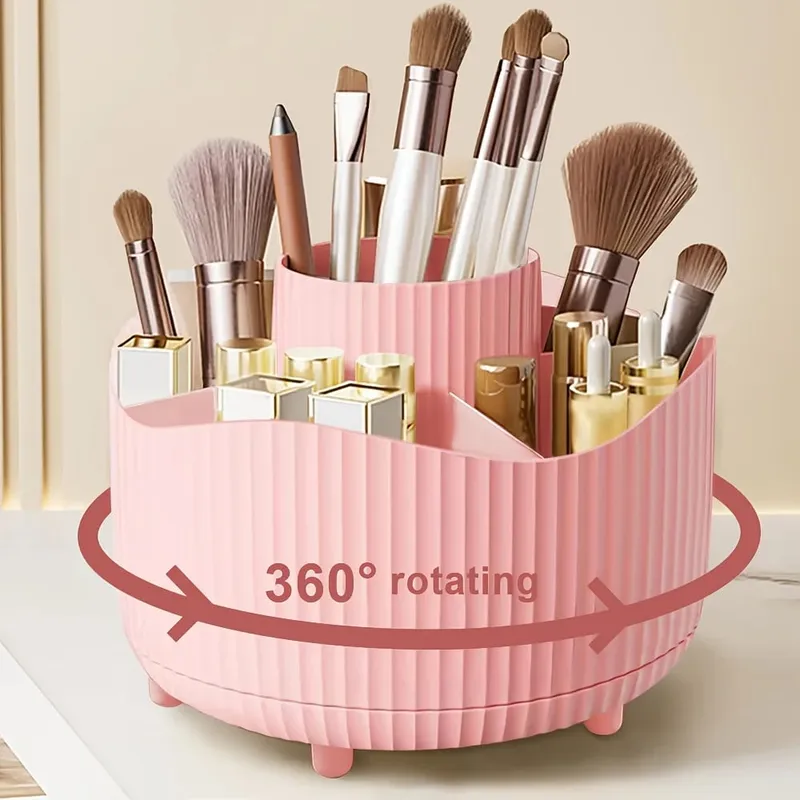 360-Degree Rotating Makeup Organizer 5 Slot Plastic Cosmetic Storage Elegant Stripe Versatile Holder for Brushes Office Supplies