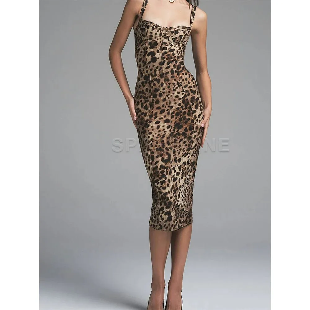 Sexy jurk met luipaardprint, mouwloos ingerichte stretch bodycon halfhoge kuitjurk clubwear avondfeestjurken