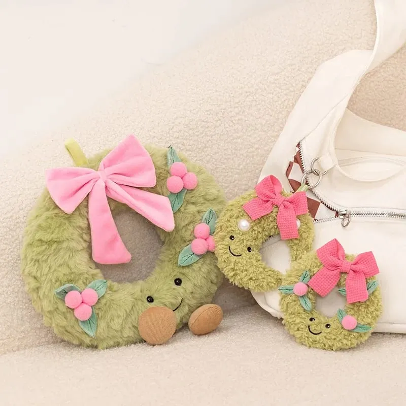 Sweet Green Wreath Plush Toy Stuffed Smiling Humanoid Pink Bow Tie Plushie Kawaii Home Decor Christmas Gift