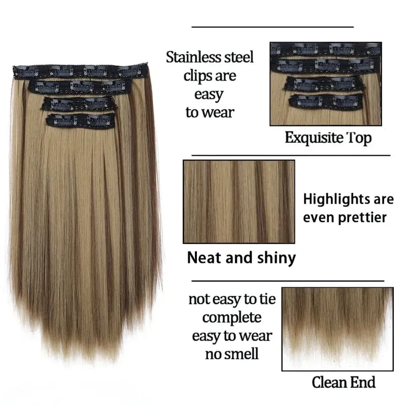 14Inch Synthetic Long Straight Hair Extension 4pcs/set Black Brown Blonde Adds Volume Hairpiece for Women