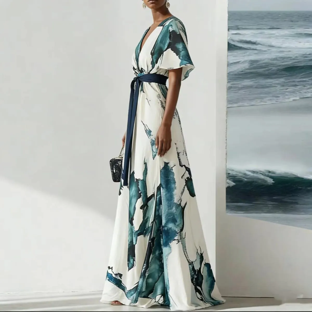 Watercolor Printed Elegant Fashion Short-sleeved Maxi Dress for Women 2026 Summer V-neck Lace-up Pleated Party Dresses Female