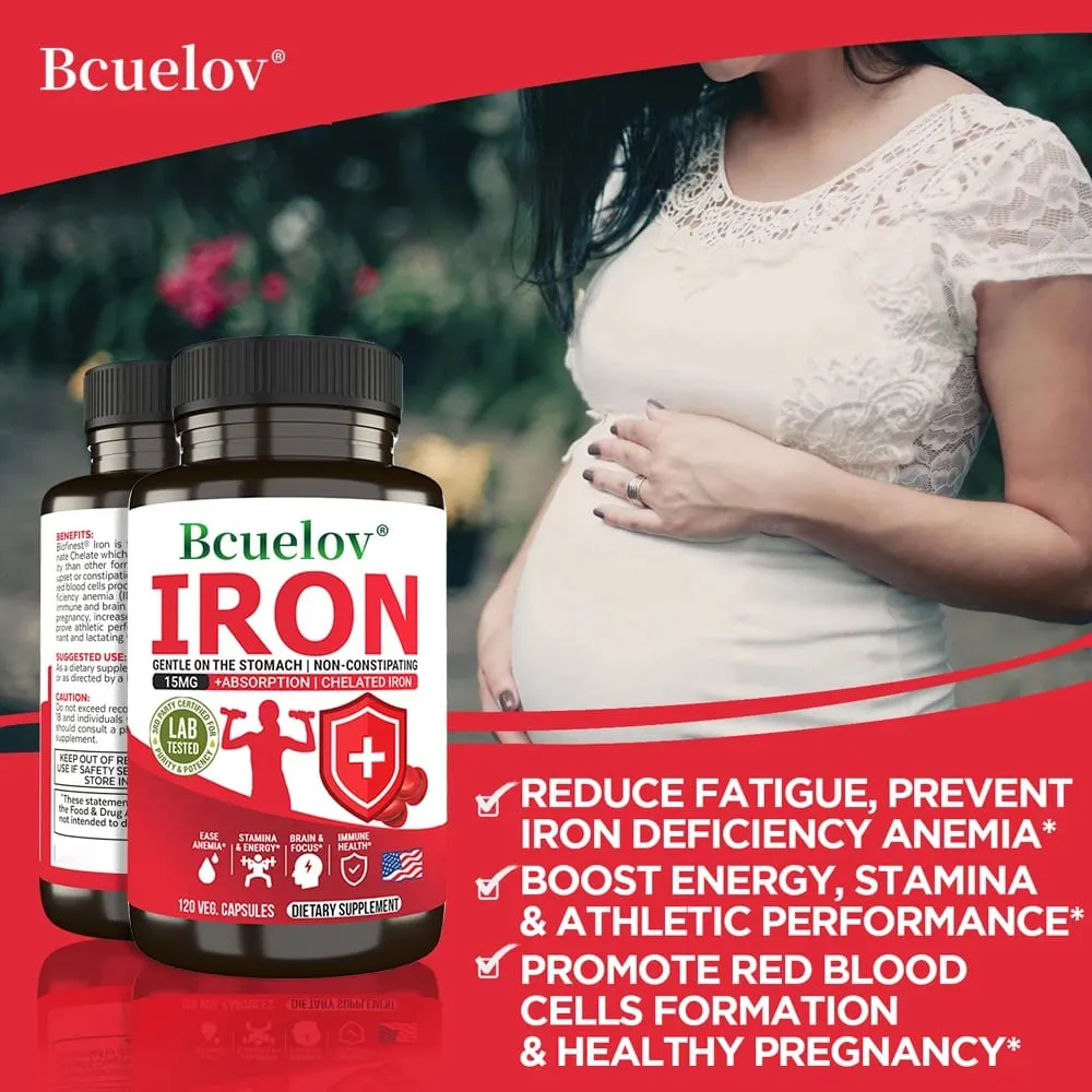 Bcuelov Iron Supplement 15 Mg Chelated Fast Absorption Gentle Non-Constipating - Anemia