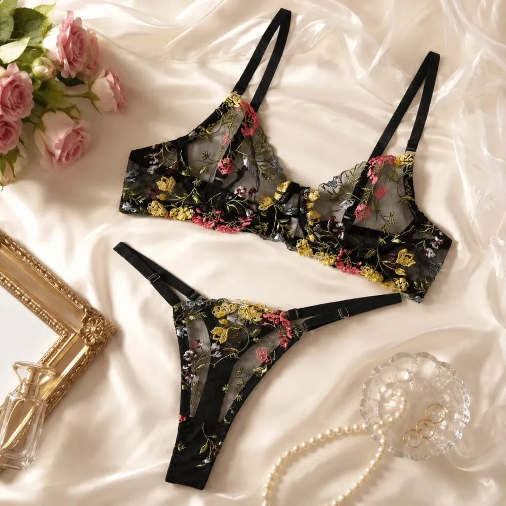 Versatile Transparent Lingerie Set Ultra-thin Elegant Panties Bra Set Push Up Embroidery Floral Underwear Women