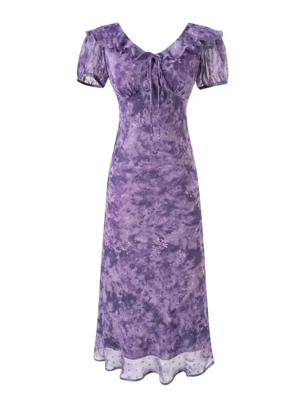 Chu Sau beauty Damen Neue Mode Süße Polka Dot Print Chic Rüschen Midikleid Französisch V-Ausschnitt Puffärmel Vintage Partykleider