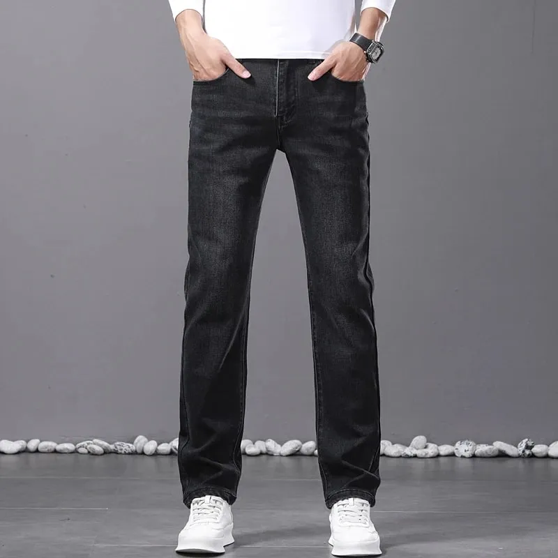 Spring New Men's Straight Jeans Comfortable Elastic Casual Business Work Trousers Retro Blue Fashion Fit Washed Denim Pants