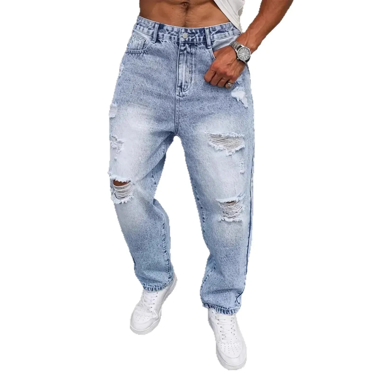 Light Blue Washed Ripped Frayed Denim Jeans For Men Non Stretch Straight Leg Loose Baggy Distressed Pants Vintage Y2K Hip Hop Da
