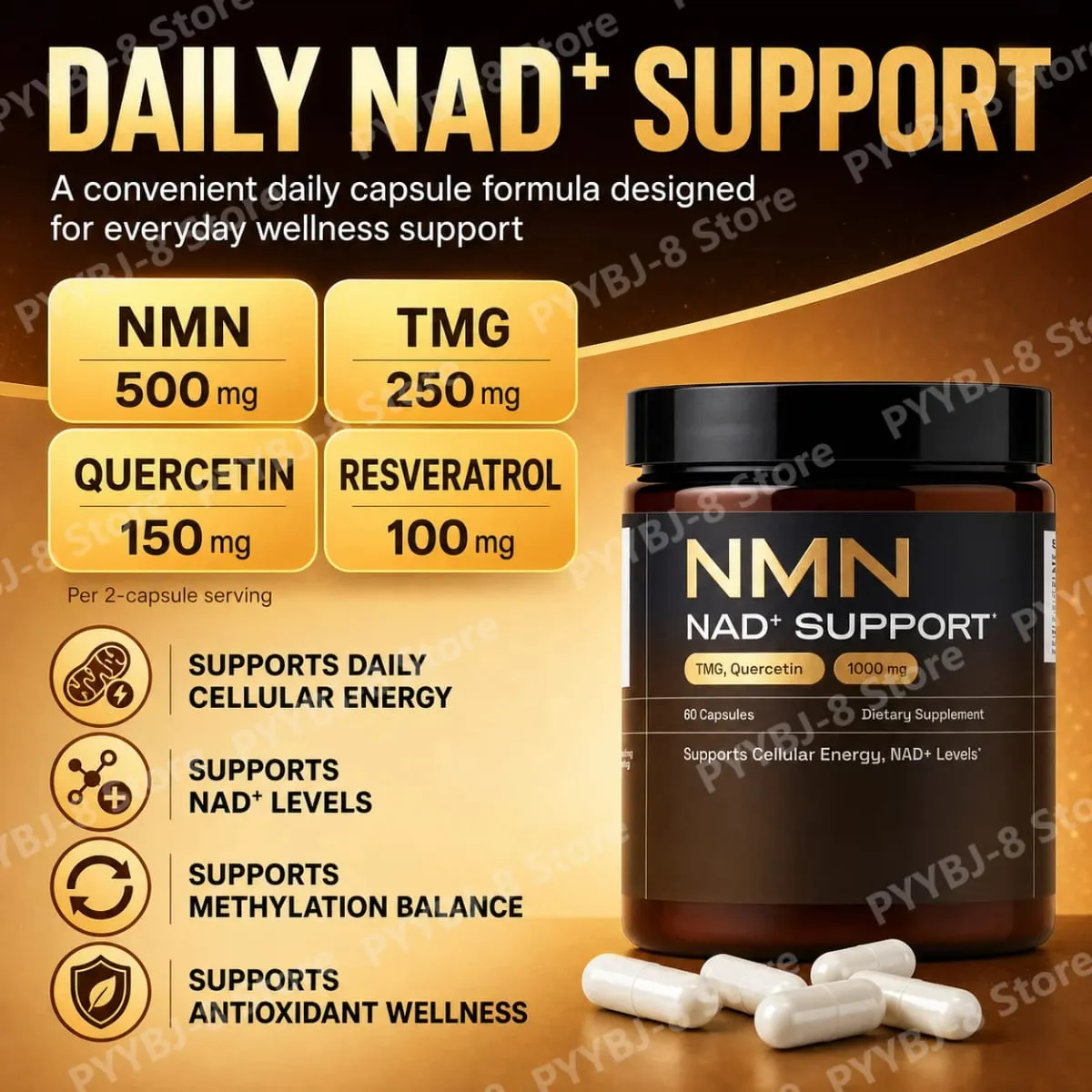 NMN Capsule 1000mg Serving 4-in-1 NAD Supplement with Quercetin Resveratrol Supports Brain Energy NAD+ Level 60 Capsules