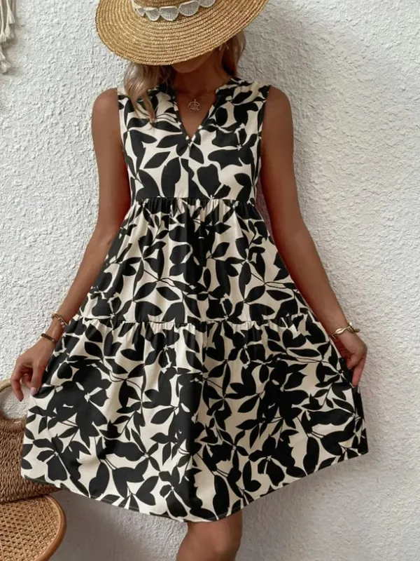 Gaun Mini Gambar Boho Wanita Gaun Tank A Line Ruffle Leher V Tanpa Lengan Elegan Musim Panas Gaun Sundress Pesta Pantai Ukuran Besar Longgar Kasual
