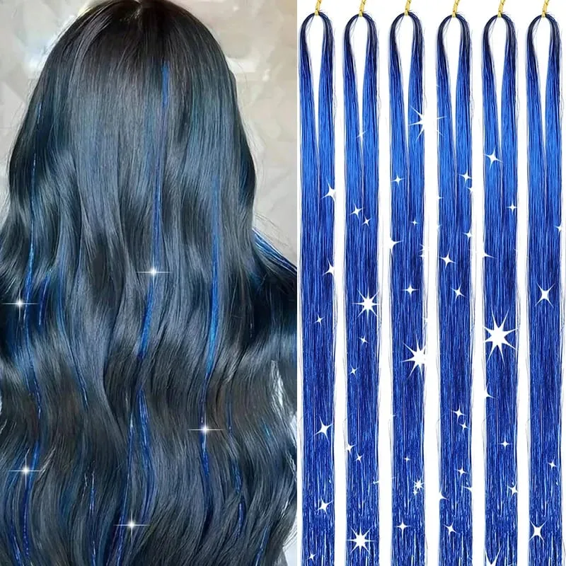 6Pcs Hair Tinsel Kit 24inch 1200 Strands Glitter Tinsel Hair Extensions Shiny Colorful Tinsel Hair Party Highlights for Women