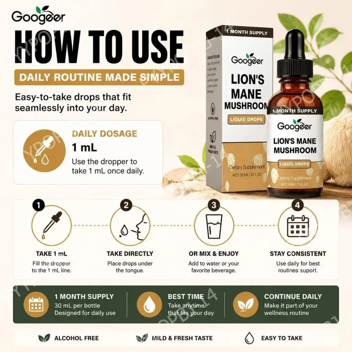 Googeer Lion's Mane Mushroom Flytande droppar minne och fokusstöd för kognitiv klarhet Mental smidighet Alkoholfri 30 ML — image 6