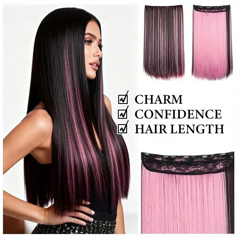 Synthetic 24Inch Long Straight 5 Clips Colorful Highlight Hair Extension Natural Soft Silky Hairpiece for Women Daily Use