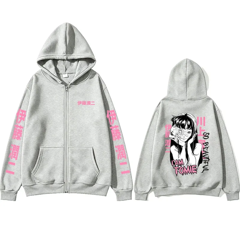 Anime Tomie Junji Ito Zipper Hoodie Men Women Vintage Manga Horror Gothic Zip Up Sweatshirts Men's Cosplay Retro Zip Up Jacket