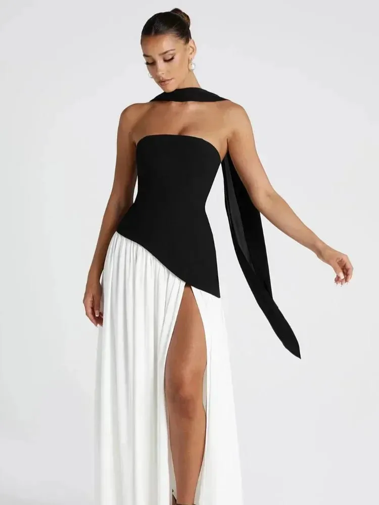 Solid Spliced Ribbon Maxi Dress Women Elegant Strapless Sleeveless Slit Long Dresses 2025 New Summer Holiday Party Lady Vestidos