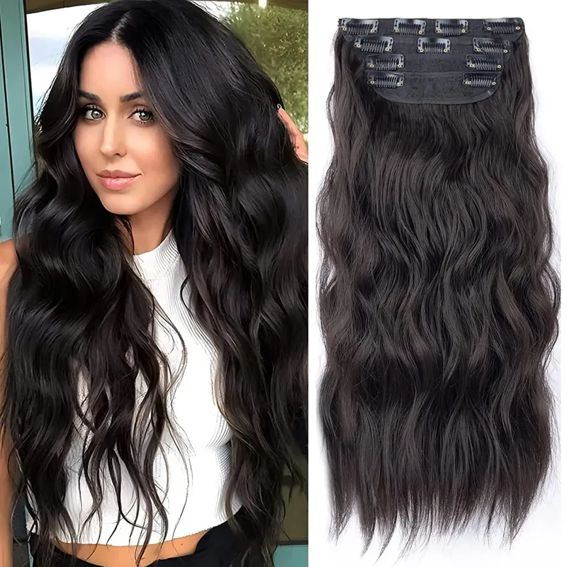 Clipe sintético longo ondulado feminino de alta temperatura, extensão de cabelo sintético, 4 peças, clipe longo, macio, ondas glam, grosso