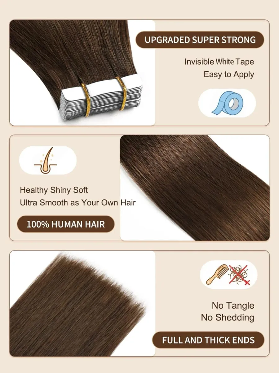 Invisible Tape In Hair Extensions 100% Human Hair #4 Chocolate Brown Straight Tape In Human Hair Extensions 20pcs 50g For Women