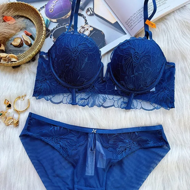 Women Sexy Lace Bra Set Embroidery Lingerie Padded Push Up Bra and Panty Set Elegant Ladies Daily Underwear