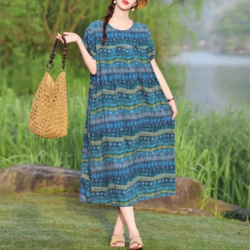 Yeni Moda Rahat 2026 Yaz Elbiseler Kadınlar Için Vintage Kısa Kollu O-Boyun Baskı Gevşek Çiçek Elbise Kadın Giysileri
