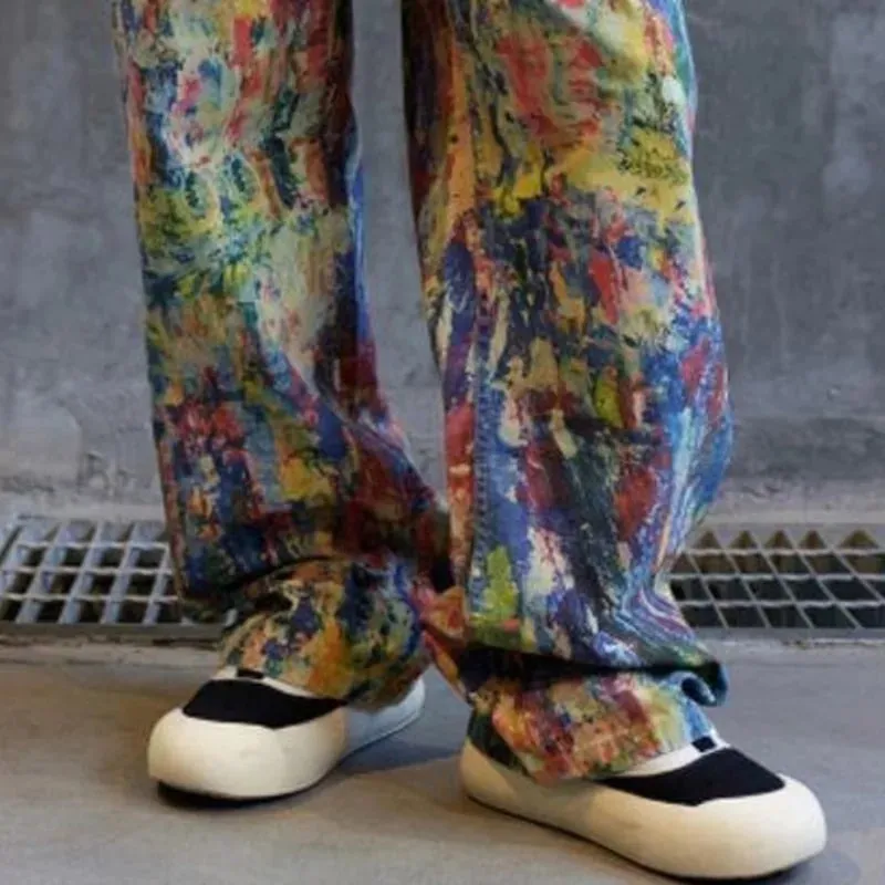 High Street Fashion Painted Graffiti Jeans Men's Mid Waist Casual Straight Leg Pants 2026 Summer New 28L2331