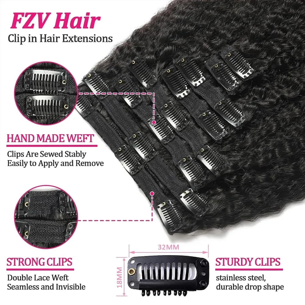 Kinky Straight Clip in Hair Extensions 100% Raw Human Hair 8Pcs Remy Hair Extensions Clip In Yaki Hair Extensions Human Hair