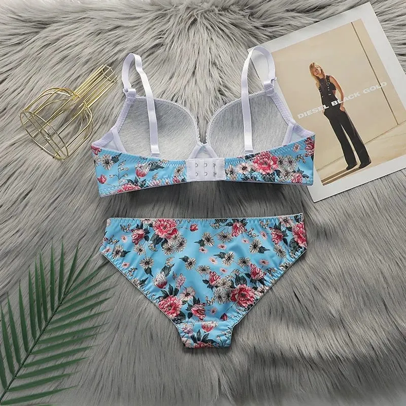 Teen Girls Floral Print Underwire Bra Set Women Floral Brassiere 2Pcs Lingerie Intimates — image 3