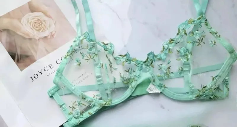 French Floral Bra Set Women | Sweet Sexy Sheer Mesh Lace Transparent Underwear Set | Practical & Feminine MOYISU Sexy Panty Set