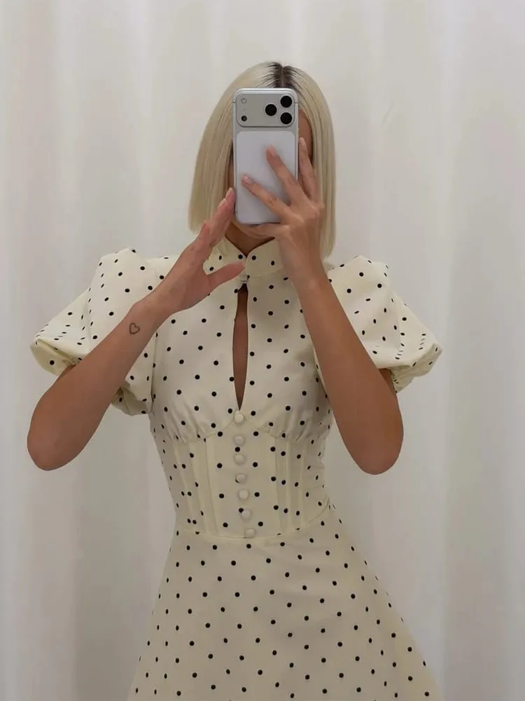 Retro Polka Dot Mini A-line Dress Women Elegant Stand Collar Puff Short Sleeve Waist-cinching Dresses Lady Party Robe 2026 New