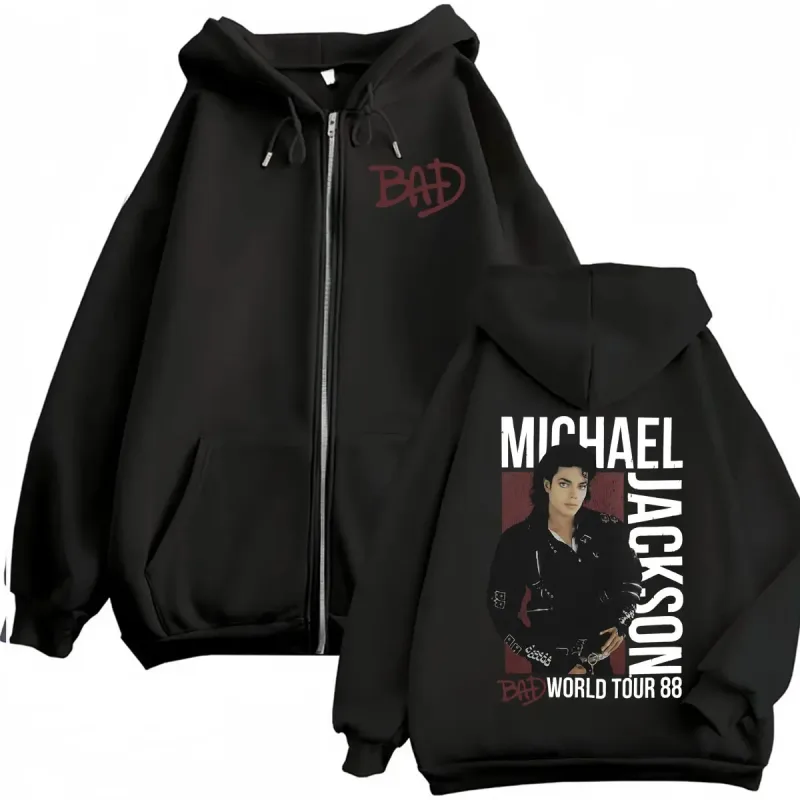 King of Pop Michael Jackson Bad Era Zipper Hoodie Men Women Harajuku Streetwear Jacket Sweatshirt Fleece Casual Zip Up Pullovers
