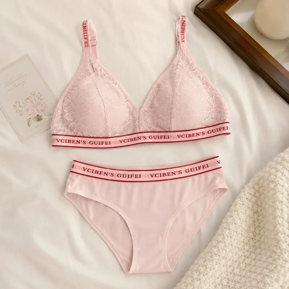 Breathable Letter Design Lingerie Set Deep V Lace Women Underwear Suit Color Blocking Wireless Bra Panties Set Famle
