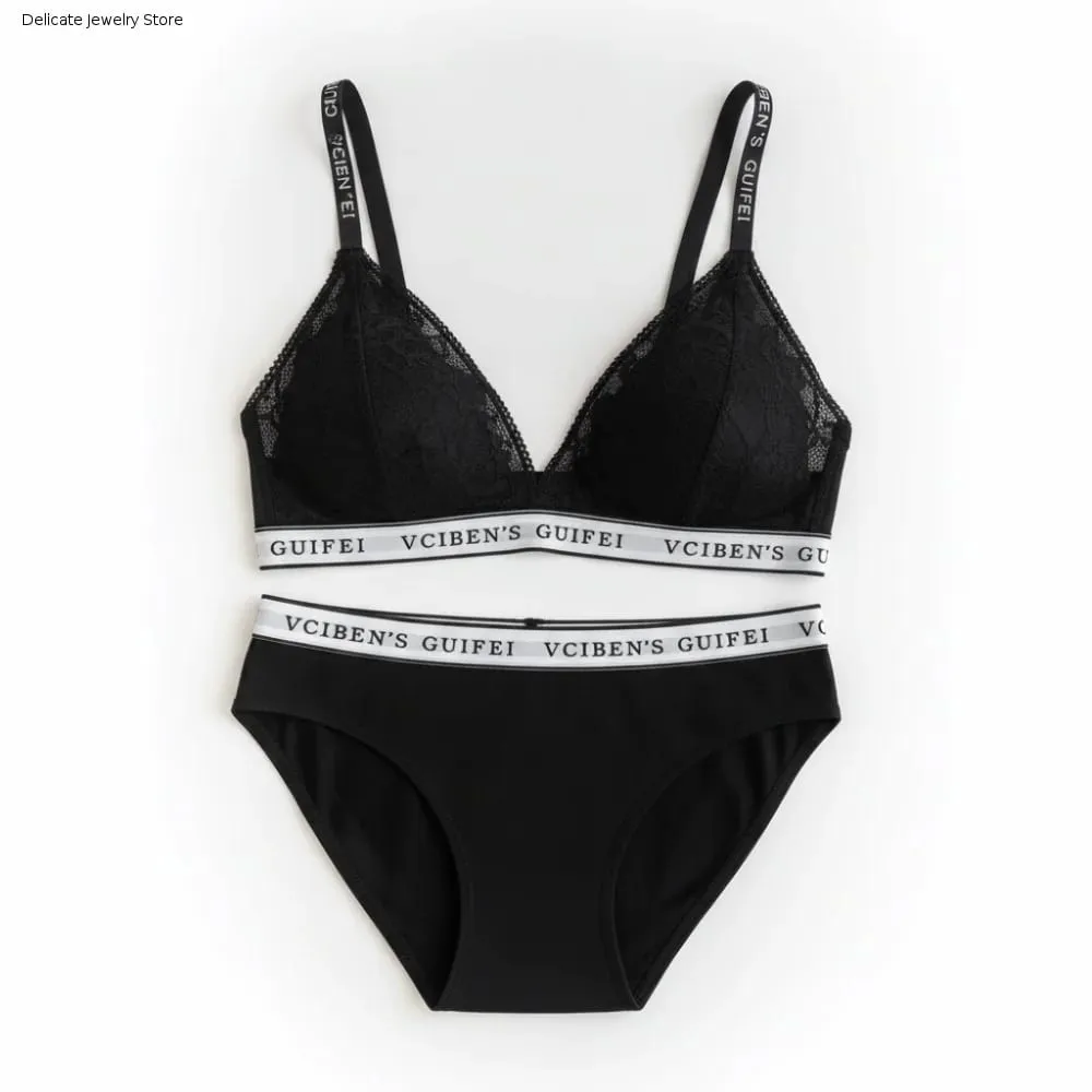 Breathable Letter Design Lingerie Set Deep V Lace Women Underwear Suit Wireless Color Blocking Bra Panties Set Girl
