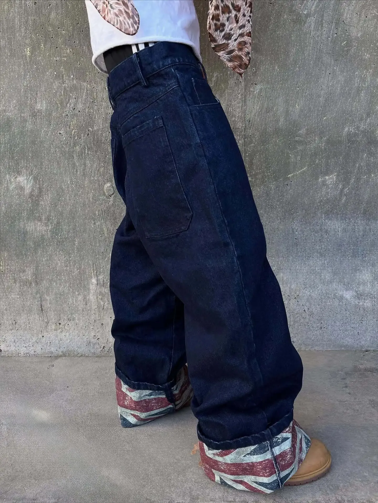 Y2K Skate Style Dark Blue Jeans UK Flag Printed Cuffed Hem Loose Wide Leg Denim Pants Streetwear