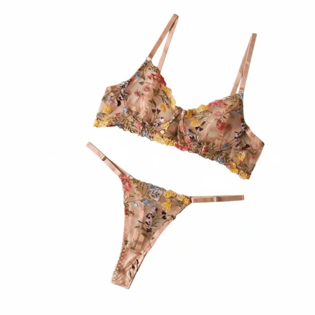 2-Piece Versatile Floral Lingerie Set Embroidery Sheer Women Underwear Wireless Bra