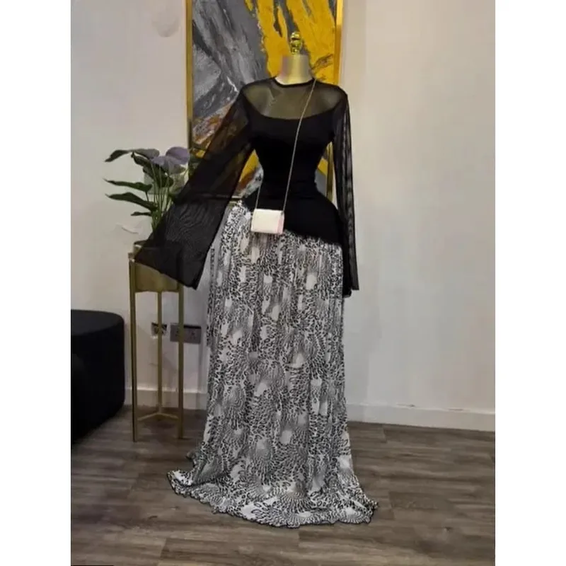 Women Mesh Print Full Sleeve O-neck Elegant Long Maxi Dress Fall Birthday Holiday Evening Sexy Party Dresses Vestidos