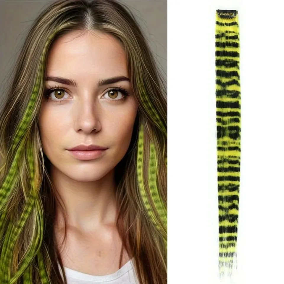Long Straight Colorful Striped Feather Hairpieces Synthetic Y2K Green Orange Clip in Leopard Print Hair Piece Cosplay Party — image 9