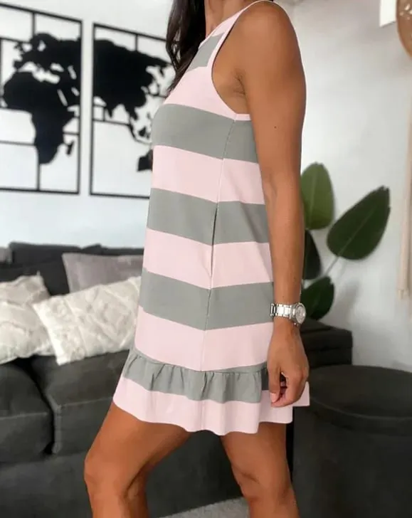 Women's Contrast Stripe Sleeveless Dress with Round Neck Ruffle Hem A-Line Mini Skirt and Pockets for Casual Wear