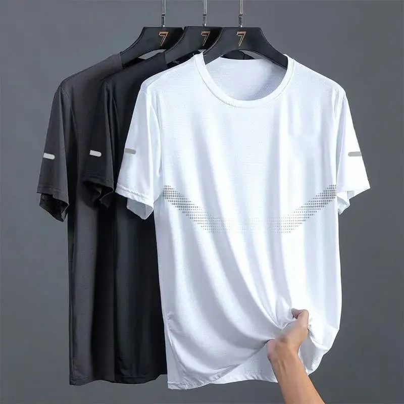 New Ice Silk Running Shirts Men Loose Short Sleeve Top Basketball Gym Sportswear For Male Fitness Workout Mesh Breathable Tee