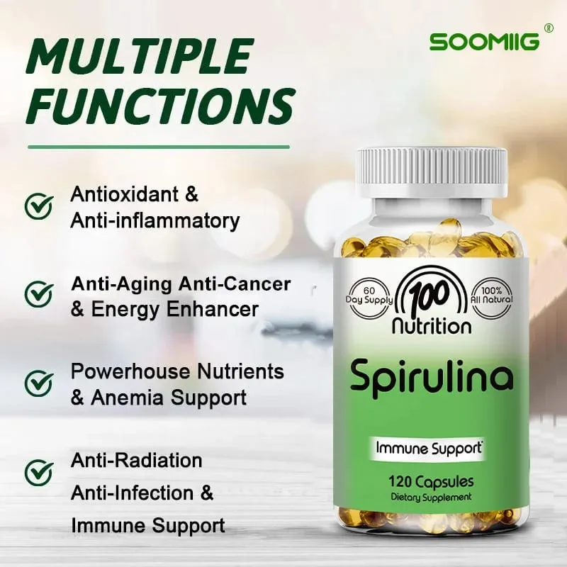 Organic Spirulina Capsules 700mg Supports Detoxification Immune Cardiovascular Health & Energy Antioxidant Vegan Non-GMO