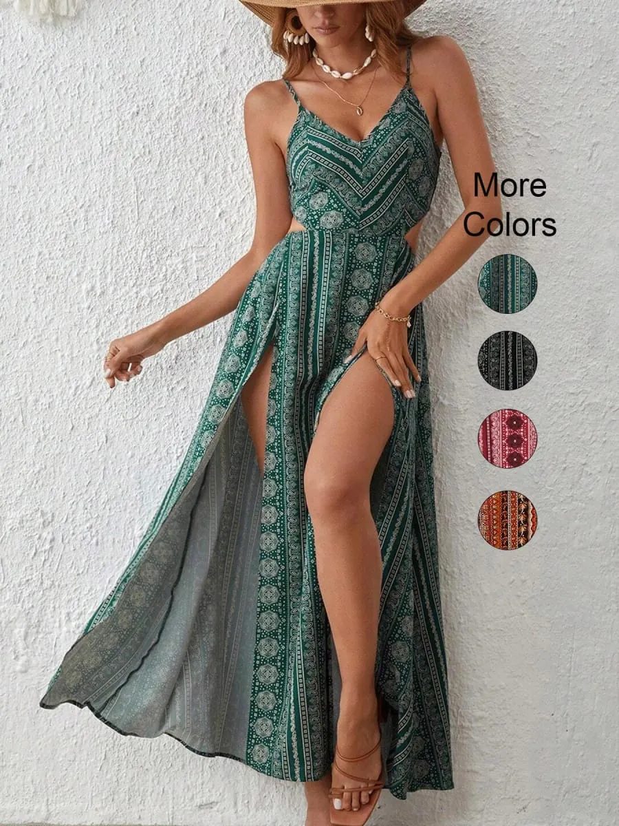 Deep V-Neck Backless Sling Dress with Thigh High Slit Floral Print Beach Holiday Party Maxi Dress Summer Women's Clothing