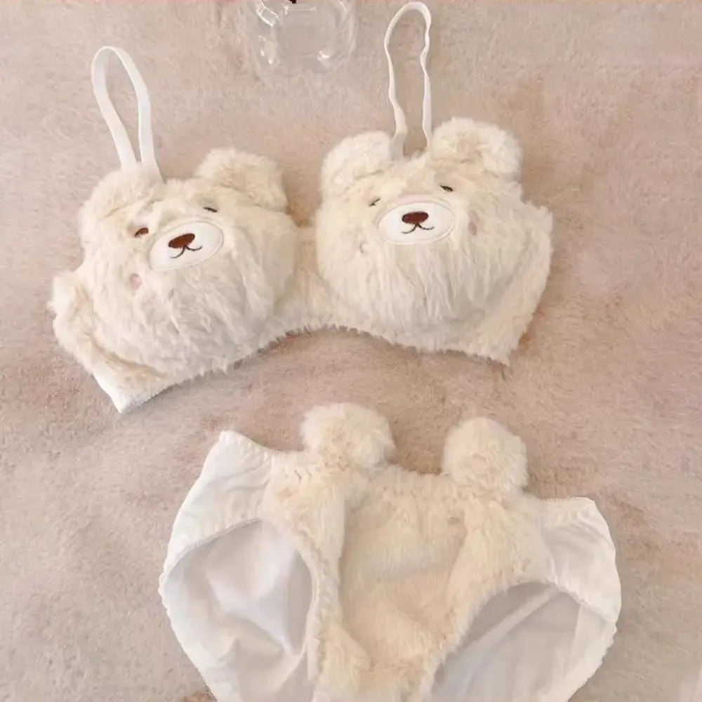 Cute Women Lingerie Set Cartoon Bear Soft Winter Bra & Brief Sets With Steel Ring Women Lingerie Girl