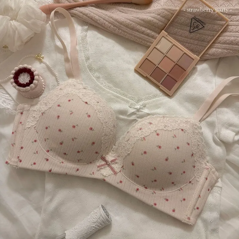 New Bra: Sweet Fashionable And Feminine Lace-Trimmed Floral Lingerie Set for Women with Small Busts—push-Up Wire-Free Bra Set