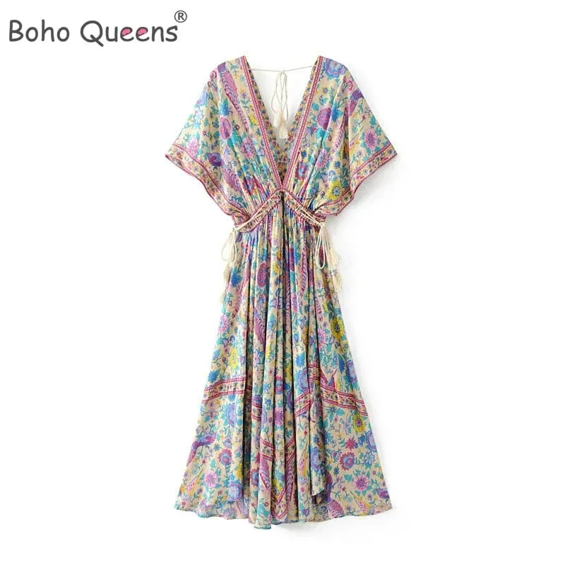 Boho Queens Wanita Merak Bunga Cetak Lengan Kelawar Pantai Bohemian Maxi Gaun Wanita V Leher Rumbai Gaun Musim Panas Vestidos