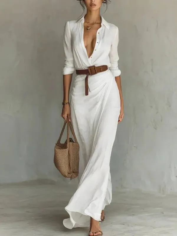 Fashion Sexy Single-breasted V-neck Long-sleeved Dress For Women Elegant Spring Autumn Solid Color Irregular Belt Dresses Female — image 10