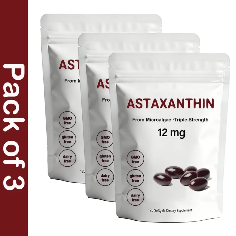 Astaxantina 12 mg Suplemento antioxidante Cápsulas blandas para mujeres y hombres Fórmula premium de triple fuerza | Sin OGM Sin gluten Sin soja