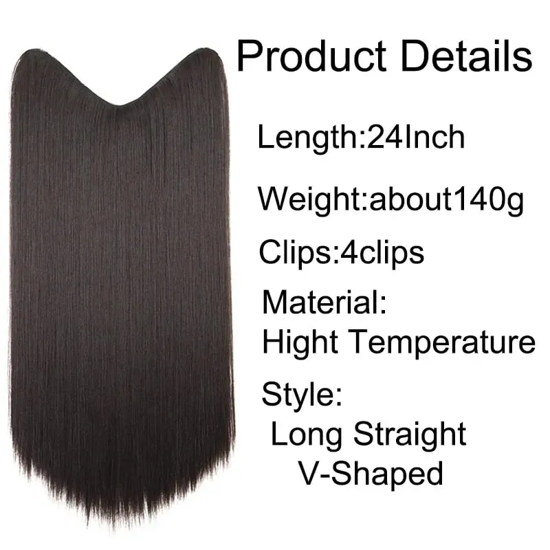 Synthetic 24Inch Long Straight One Piece Hair Extension 4 Clips V-shaped Hairstyle Black Brown Hairpiece for Women Daily Use