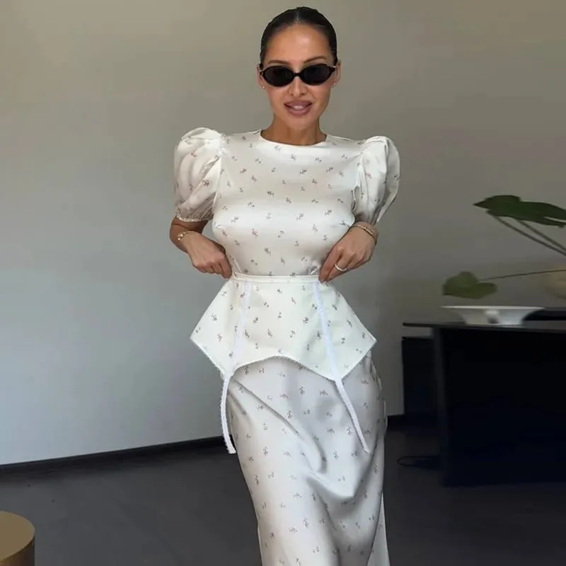 Elegant Women's Printed Waistband Long Dress 3D Flower V-neck Bubble Sleeve Patchwork A-line Dresses 2026 Spring Party Robe