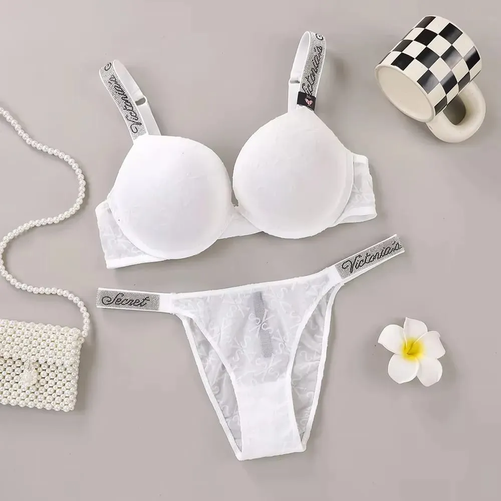 Victoria Secret Sexy Lingerie Set Very Sexy Logo Shine Strap Embossed Lace Push Up Bra Shine Script Thong Panty