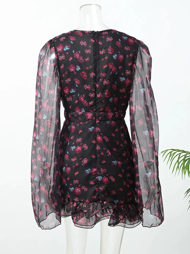 Elegant Flora Painted Ruffle Mini Dress Women Chic Full Sleeve Deep V-neck Slim A-line Dresses 2026 Lady Holiday Street Robe New