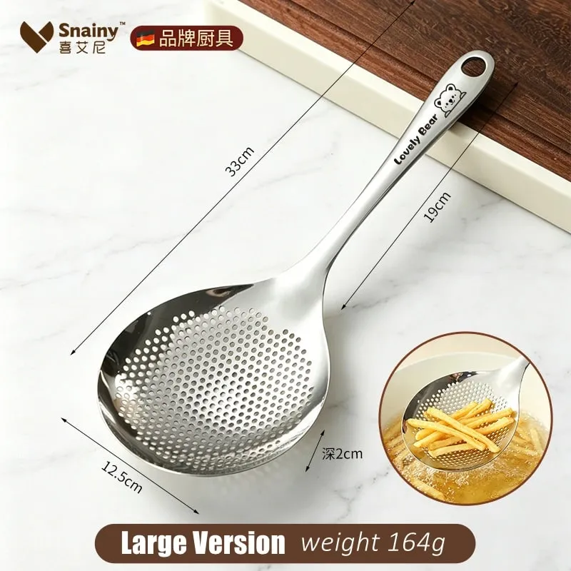 LFGB Certified Pure 304 Stainless Steel Kitchen Cooking Colander Ultra Thick 33cm Handle 12.5cm Head Sieve for Potato Frying